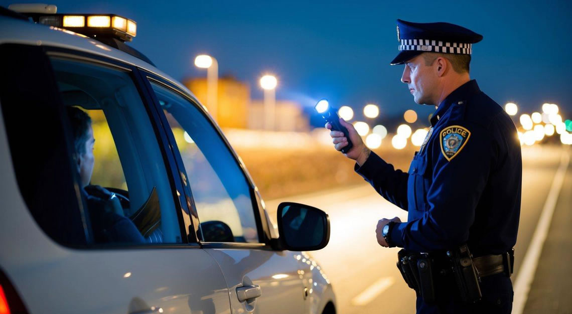 A police officer administers a field sobriety test to a driver on the side of the road at night, using a flashlight to check for signs of impairment