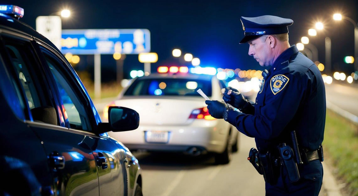 A police officer administering a field sobriety test to a driver pulled over on the side of the road at night