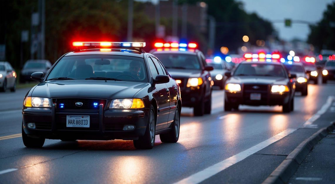 A car swerving through traffic with police lights in the background