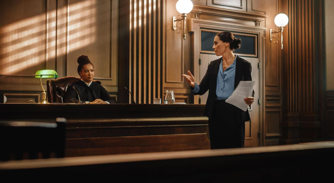 A lawyer standing in a courtroom