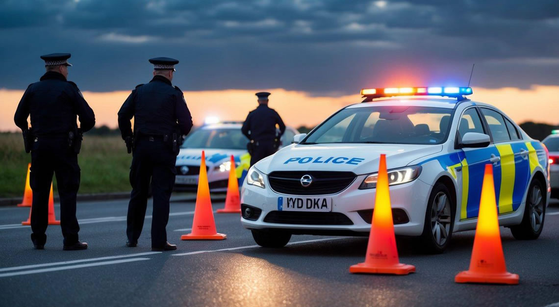 A car swerves to avoid a DUI checkpoint, while police officers shine flashlights and set up road flares